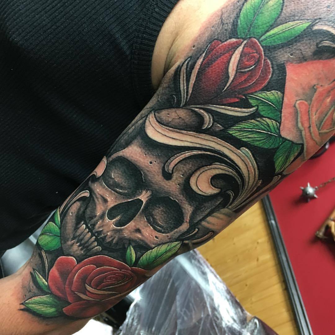 Tattoos By Craig Holmes Iron Horse Tattoo Studio Skull And Roses Sleeve Tattoo By Craig Holmes