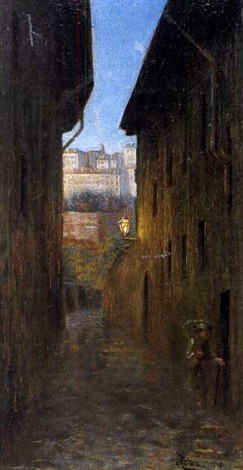 Mario De Maria (1852–1924)Effetto di luna sulle antiche architetture;   Crepuscolo a Bergamo , 1912