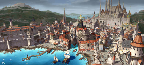 we-are-rogue:art by 달 봉이:Medieval port city level design (detail)Medieval port city level designMedi