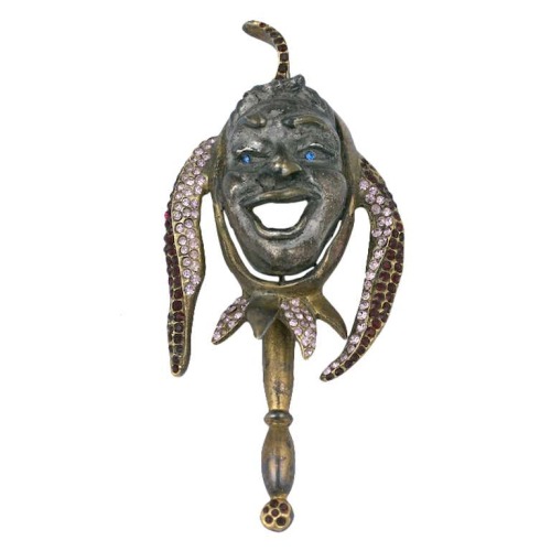 Gilt, pot metal, and paste jester brooch, c. 1980s (at 1stdubs)April Fools!