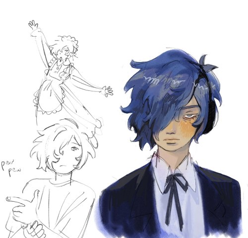 ID: a colored headshot of the p3 protagonist looking at the camera with a tired expression, next to two other sketches of him. one is of him making a gun with his hand, with "pew pew" written next to him. the other is of him dancing in a maid outfit.