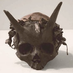 Several human skulls with horns protruding