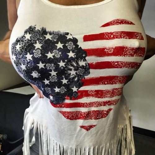 Mom like to show off her patriotism. Almost as much as she likes to show off her big tits.