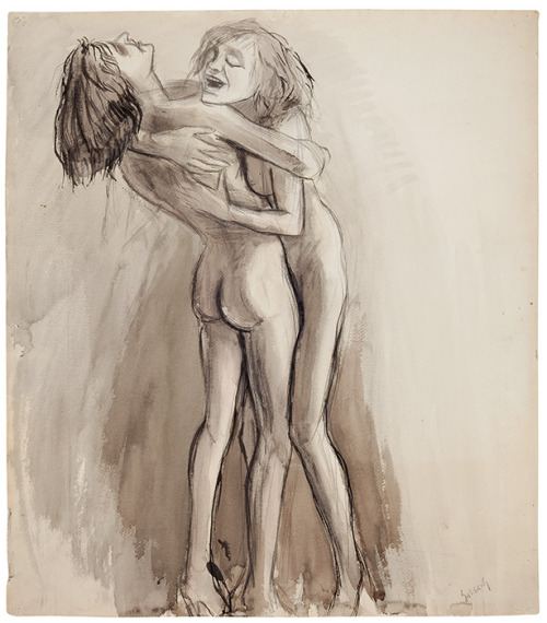 Embrace (Two Models) -  Karl Hubbuch , n/d.German, 1891-1979Watercolour on heavy woven paper ,  68 x