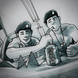 toastwire:  SAF scholarship programme Inktober day 6!  #inktober16 #inktober #soldier #saf #bunk #boys #illustration #watercolour #soda #straw #drink #uniform #boys 