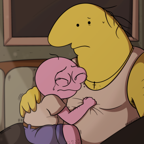 A drawing of Pim and Charlie from Smiling Friends. Pim is sitting on Charlie's lap, crying softly and shaking. He's also gripping the front of Charlie's shirt tightly in his fist. Charlie is comforting him and rubbing his back while looking concerned. The lighting in dim, and it appears that Pim's been holding all of this in for a long time.