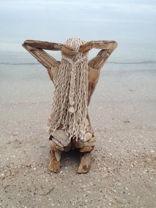 &lsquo;Ocean Goddess&rsquo; made from uncut driftwood found on the beach.Created by Alan Borg