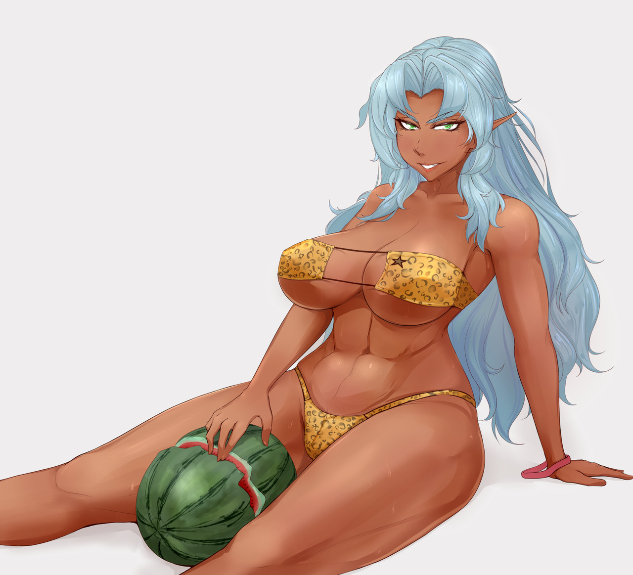 nofuture-art: Muscular elf girl crushing watermelon with her thicc legs.  Who else