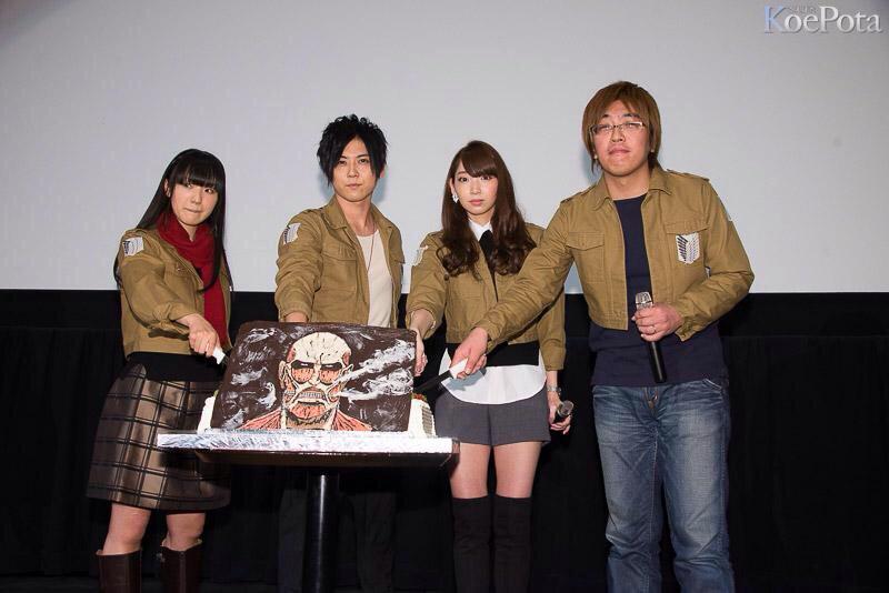  SnK seiyuu Ishikawa Yui (Mikasa), Kaji Yuki (Eren), Inoue Marina (Armin), and director