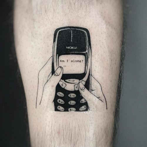 ig: fimmtattooer blackw;geek;quote;telephone;thigh