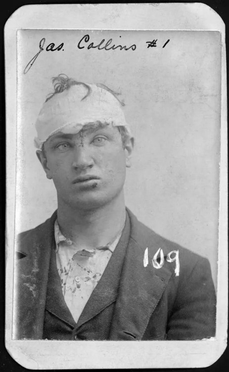 James Collins was arrested in Omaha on May 12, 1897, for burglary. In his mug shot, Collin’s head has been bandaged. According to the police record, Collins escaped and was rearrested. Nudes &amp; Noises  
