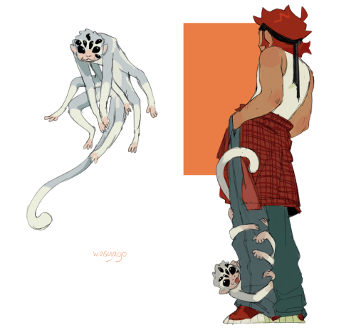 A digital drawing of Dakota and a little sketch of Bobo next to him. Bobo is a small monkey, he's gray with white patterns, he has eight legs and eight eyes that are placed randomly all over his face. Dakota is standing with his back turned to the viewer, his hands are in his pockets, up his leg crawls Bobo and smiles at the camera.