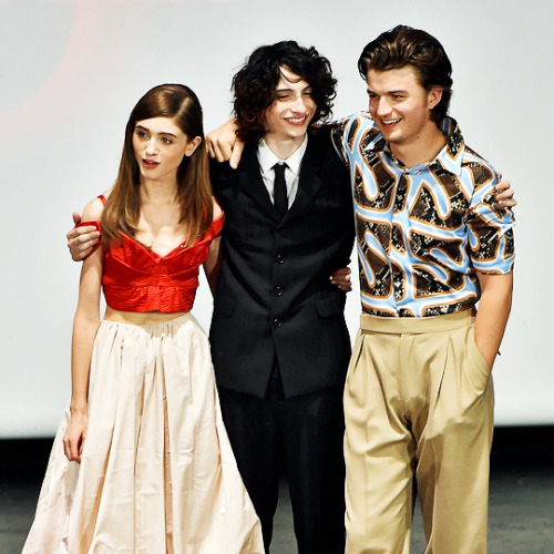 Finn Wolfhard, Natalia Dyer, and Joe Keery at Stranger Night 7.04.19 in Paris, France. 