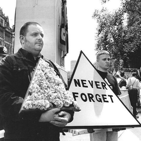 lgbt-history-archive:“NEVER FORGET,” OutRage! members, Queer Remembrance Day, London, United Kingdom, November 1997. Photo c/o Peter Tatchell Foundation. #lgbthistory #HavePrideInHistory #NeverForget #Resist (at London, United Kingdom)