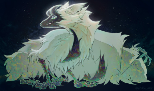 A long dragon with black skin and white opalescent fur, is staring right at the screen. With horns curved back, eyes sparkling. It's hard to get understand its expression, cautious or sizing you. Its body continues toward the back of the picture, forming a diamond shape. Feet are anchored to the ground, almost translucent as stars-like shapes are sparkling through. It emanates a while light surrounding its head.
