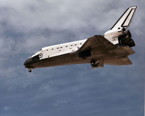 Landing gear is deployed on Space Shuttle Atlantis as STS-30 comes to an end.  The four-day mis