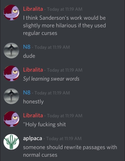 Reason #203498209856 why you should join the Cosmere Discord chat.