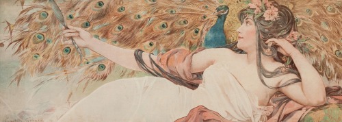 Nymph and peacock.c.1900.49 x 123.2 cm.Art Gaston Gerard.
