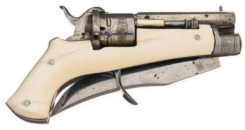 Unusual pocket knife with built in pinfire revolver.  Or is it a pinfire revolver with a built in po