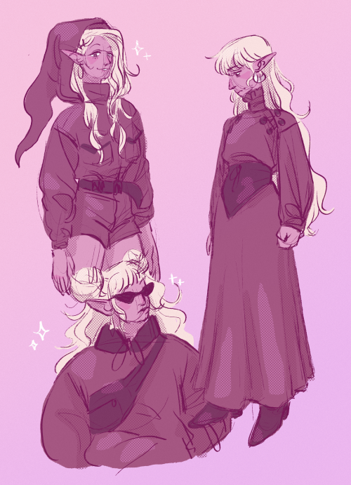 taz-ids:oxenfire:taako doodle page from last night! that guy looks good in everything [ID: Three ske