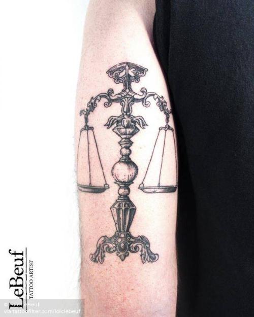 By Loïc LeBeuf, done in Carouge. http://ttoo.co/p/36045 astrology;balance;big;blackwork;engraving;facebook;libra;loiclebeuf;tool;tricep;twitter;zodiac