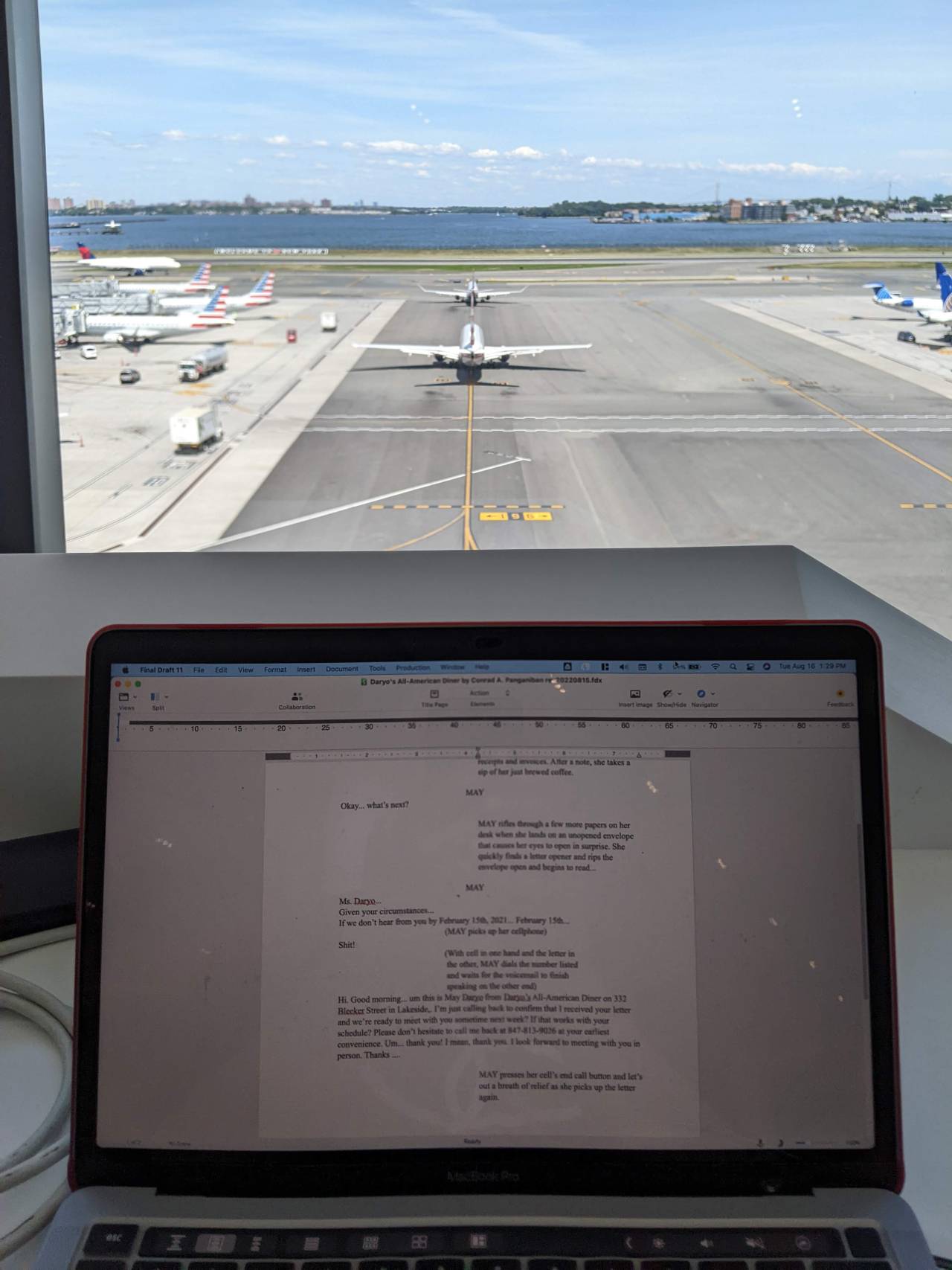 Pictured: Getting some writing done outside a flight gate at La Guardia, NYC waiting for a ride back to the Bay Area.