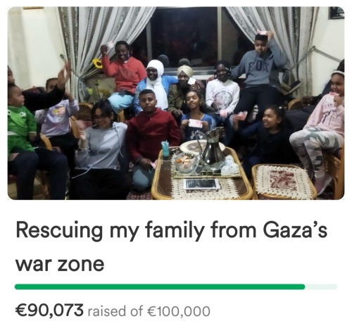 A screenshot of the GoFundMe app. There is a photo of a very large family. The photo seems chaotic, with many people moving, but they are all smiling and appear to be happy and having fun. There is text under their photo that reads: Rescuing my family from Gaza's warzone Below that is a green bar that signifies how much money they've gained in their fundraising campaign. Below the bar is the money they've raised. It is in euros and reads: €90,073 raised of €100,000.