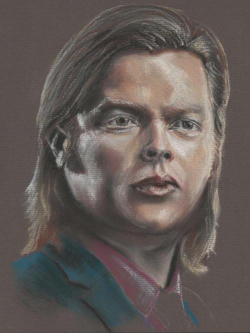 Pastel portrait of Elden Henson as Foggy Nelson in Netflix Daredevil.
A friend recognised it as Foggy but I think it's a bit wonky, that nose is definitely wrong.