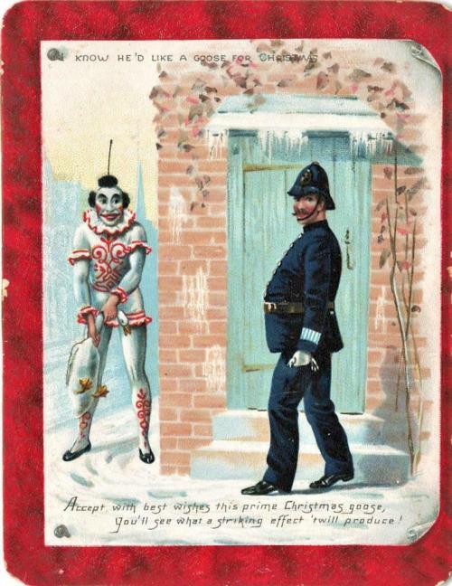 weirdchristmas: Is the harlequin about to assault a police officer with a dead goose? Yes. Yes he is
