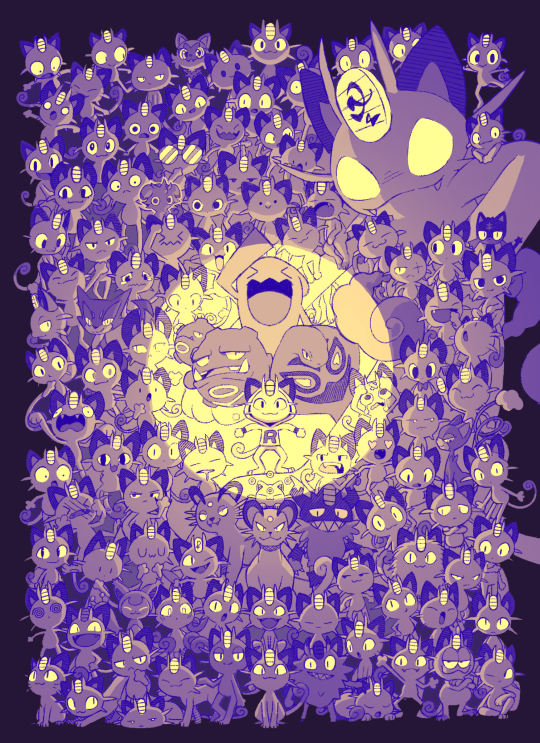 pauldrawsart:Everyday for 105 days I added a Meowth (and some friends) to this drawing!