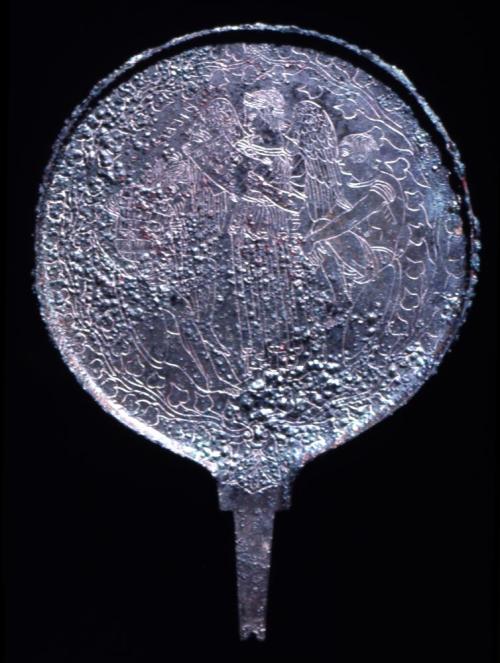 Mirror with Lasa, Hamphiare, and Aivas. First half of the 4th c. B.C.; bronze. The British Museum. (