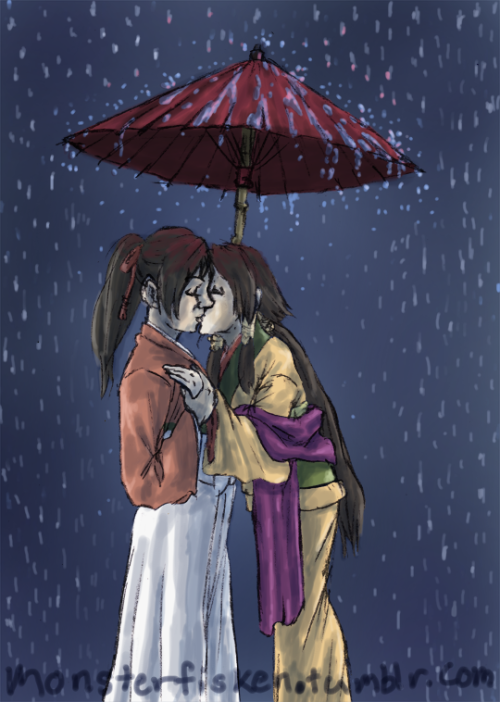 A gift for @finrod-finwion! They wanted two people sharing an umbrella. I hope you like it!! Part of