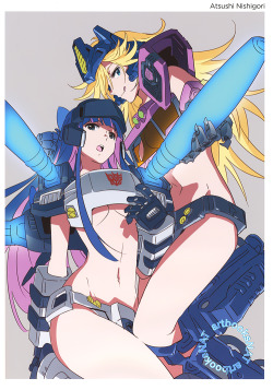 artbooksnat:  Panty &amp; Stocking with Garterbelt character designer Atsushi Nishigori (錦織 敦史) gets creative in the with the girls in this Transformers crossover from the Cemetery Hills Comiket 89 release, More Than Just a GEEK SPRK.     ;9