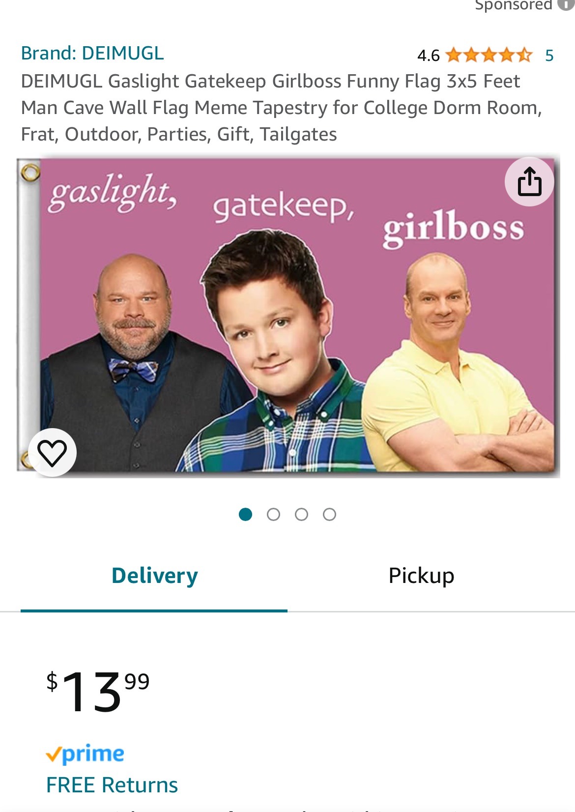 Amazon listing for a "gaslight Gatekeep girl boss" flag but it has young Sheldon??? and two other guys. and it's for your man cave or tailgate it says.