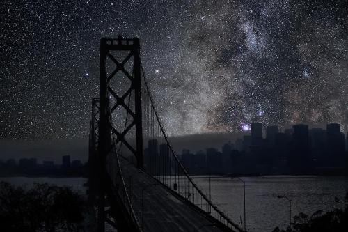 the-absolute-best-posts:  blua: What the city is missing: Thierry Cohen photographs cityscapes and then photographs deserts at night, combing the two to show us what our cities would look like with the lights off. The stars are not enhanced, they are