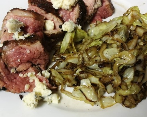 Pepper crusted steak with gorgonzola and cabbage. I had the most amazing day today, got so much done