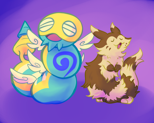A dundunsparce and a furret stand next to each other, happily singing. they are against a plain purple background.