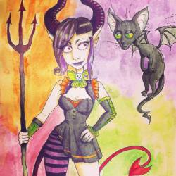 ledyraven:  Me and my faithful feline friend we are ready for Halloween 😼😈🎃🎃 ( My other a caricature :3 )  #halloween #caricature #caricatureofmycat #blackcat #littledevil #vampirecat #watercolor #color #ink #me