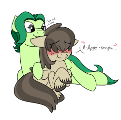 appelknekten:  sweetfilthyfun:  Not NSFW, but why separate finished art by whether there’s dongs or not? Commission for asksweepyhead of his OC and appelknekten&rsquo;s ponysona cuddling~ Sweepy just pretends not to like Appel, but he secretly considers