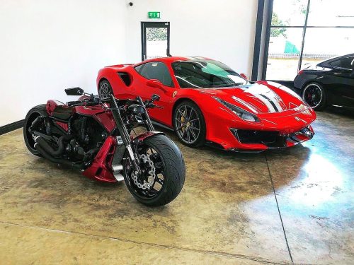 vrodaustralia:  Posted @withregram • @ben_grig Big Bad Red and Ferrari Pista, what a combo 📸🤌🏽💵🥃 #vrod #custombike #nightrodspecial #customvrod #bike #motorcycle #harleydavidson #duo #twinning #ferrari #ferraripista #ferrari488pista #showroom