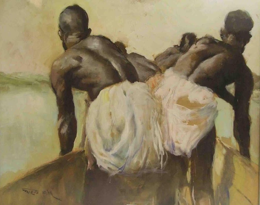   Pál Fried (Hungary, 1893-1976) - Four African men in a canoe, gouache, 73 x 87