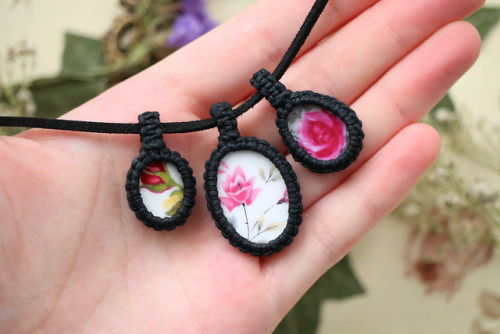 These lovely rose macrame necklaces are made with real vintage porcelain cabochons from the Royal Al