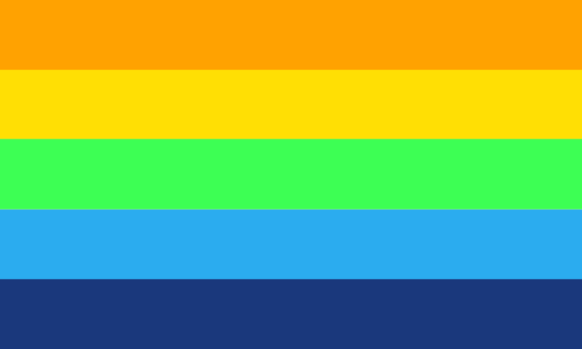 Bold colored AroAceAge spectral flag with higher contrast and saturation. Stripes from the top down are: orange, yellow, green, blue and indigo.