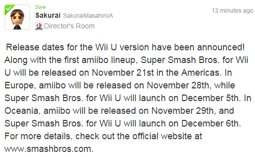 ssb4dojo:  ITS OFFICIAL, US GETS SMASH WII U ON NOVEMBER 21!!!!! 