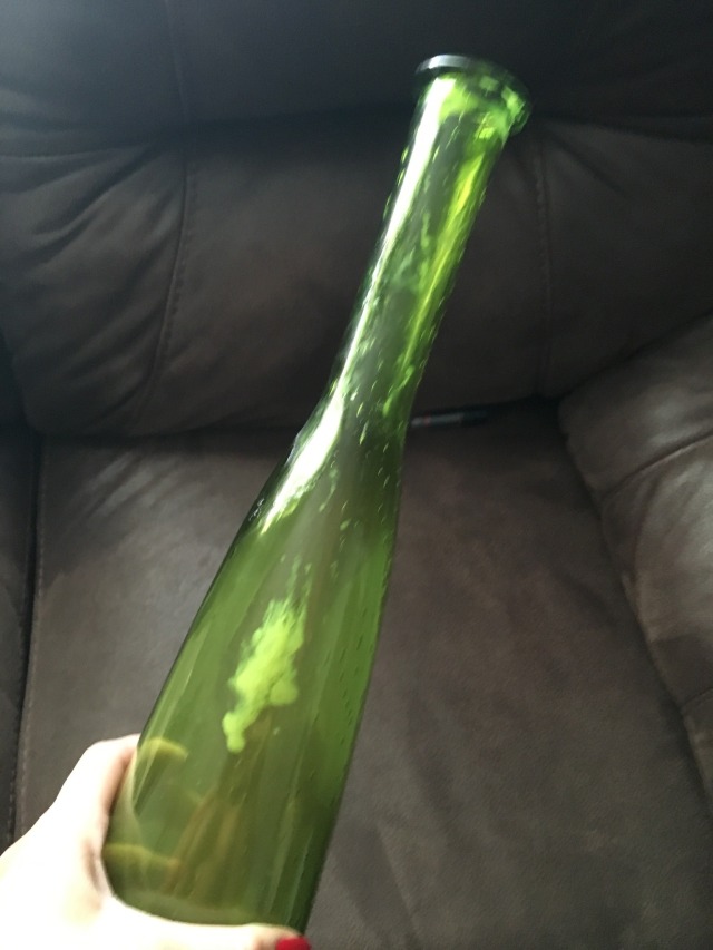 cum-in-your-wife:One of my regulars just texted me this pic. She is visiting family and forgot her toys so she had so make due with this bottle her mom had on the table in the living room to fuck her needy whore cunt. Look at all the fucking creamy cunt