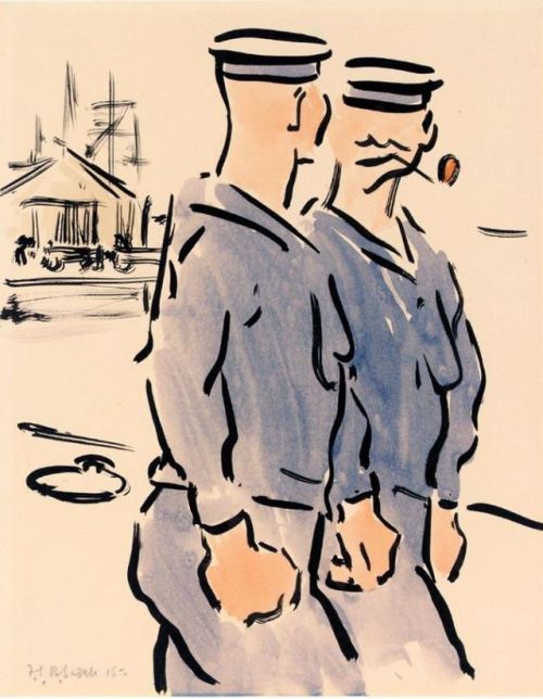 bordjack:  grundoonmgnx: Francis Campbell Boileau Cadell (British, 1883-1937), Two Tars, 1915   Pen and ink with watercolour  Bien joué Jack … Tu fais quoi maintenant toi ? Rien de prévu mon pot’ …Bah …. si tu veux … On peut … Aller