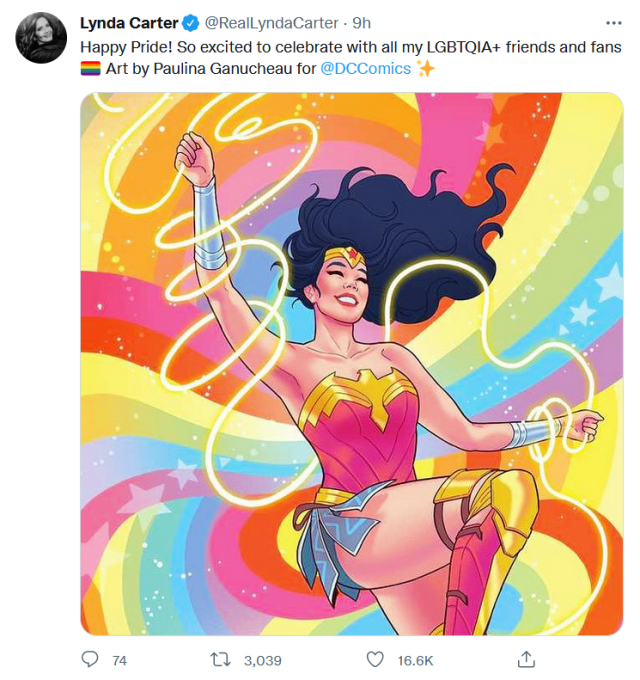 A tweet from Lynda Carter containing an illustration of Wonder Woman posing against a rainbow background. Text reads: Happy Pride! So excited to celebrate with all my LGBTQIA+ friends and fans ️‍ Art by Paulina Ganucheau for @DCComics 