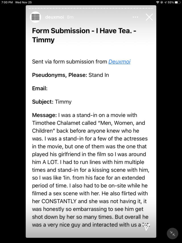 I think this is cute. (Didn’t see anyone else post it, so.) EDIT: The actress was Katherine C. Hughes. Tim’s deleted scenes are...