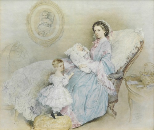 history-of-fashion:1858 Josef Kriehuber - Empress Elisabeth with her children