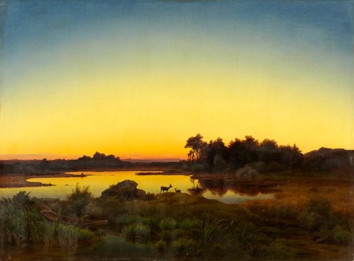 Anton Zwengauer - Rehe in Landschaft mit Sonnenuntergang (1847)